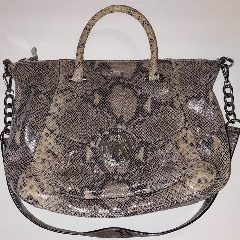 Michael Kors Handbag Purse Snakeskin Reptile Leather Neutral Silver Hardware